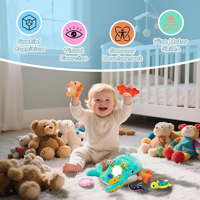 brenzo - Wobble The Whale & Ocean Friends Plush Set | 7-Piece Montessori Sensory Toys for Babies 0-3 | Tummy Time Companions with Rattle, Mirror, Crinkle & Squeaker | Ideal Newborn Toddler Gift
