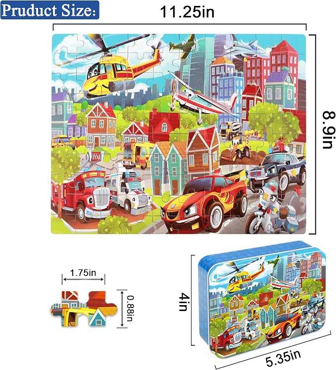 LELEMON Puzzles for Kids Ages 4-8 Transportation Vehicles Jigsaw Puzzles for Kids Boys Girls 100 Pieces Fire Truck Car Learning Educational Puzzles in a Metal Box - Image 2