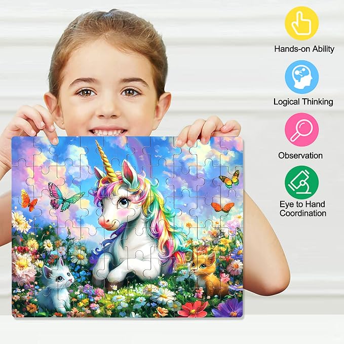 LELEMON Unicorn Puzzles for Kids Ages 4-8,60 Pieces Raibow Unicorns Cats Butterfly Jigsaw Puzzles in a Metal Box,Cute Raibow Unicornss Learning Educational Puzzles for Boys Girls - Image 5