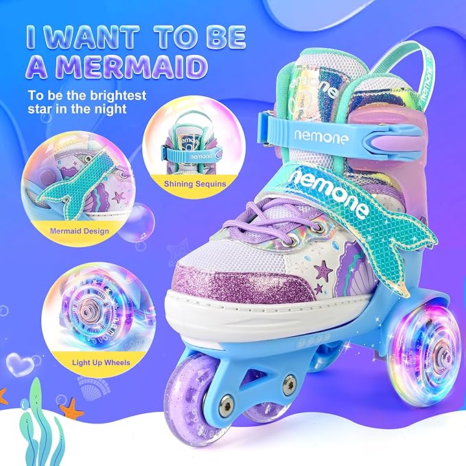 NEMONE Mermaid 4 Size Adjustable Light up Roller Skates for Girls, Purple Blue Skates for Toddlers, Beginner Kids Butterfly Roller Skates Indoor Outdoor