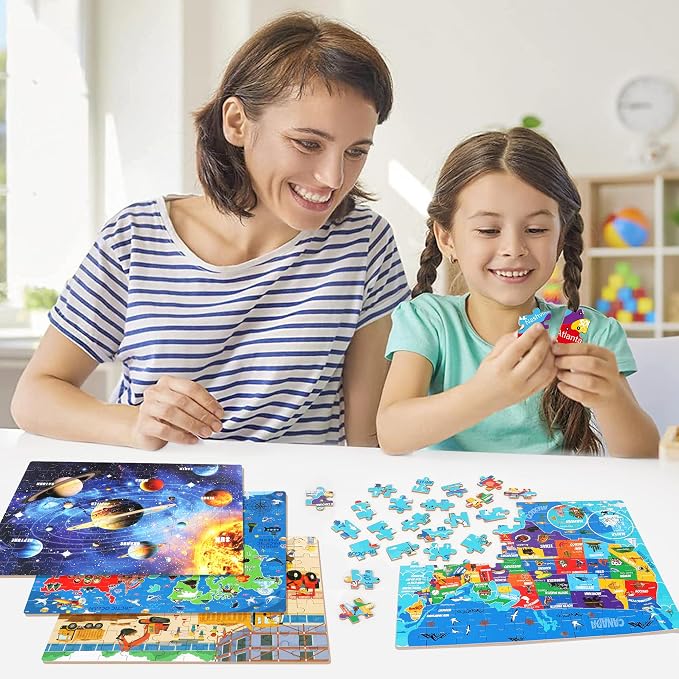 LELEMON 100 Pieces Puzzles for Kids Ages 4-8, 4 Set Kids Puzzle Ages 6-8,United States World Solar System Construction Site Children Learning Educational Puzzless Toys for Boys and Girls - Image 6