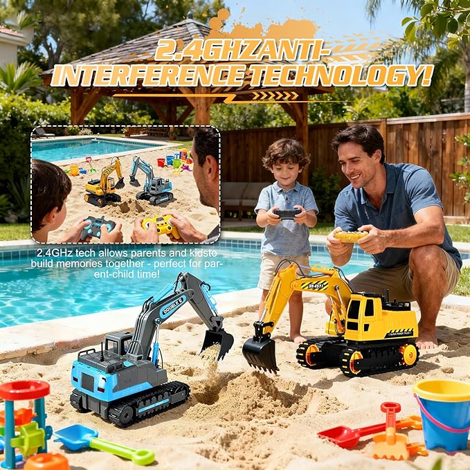 DOUBLE E Remote Control Excavator Toy 2 Batteries RC Excavators Sandbox Digger Hydraulic Construction Toys Vehicles Birthday Gift for Boys Kids 3-14 Years