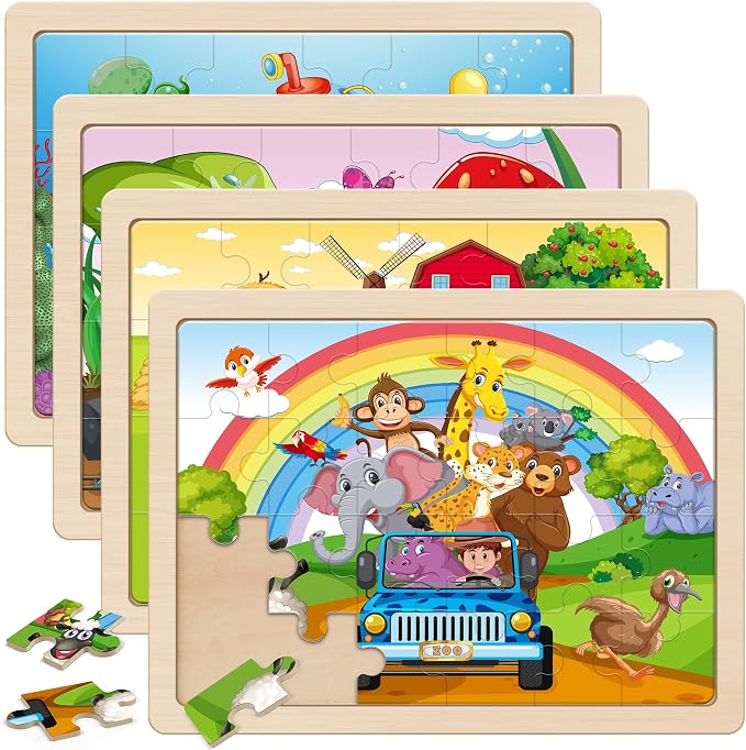 SYNARRY Large Animal Wooden Puzzles for Kids Ages 4-6, 4-in-1 Gift Set by SYNARRY