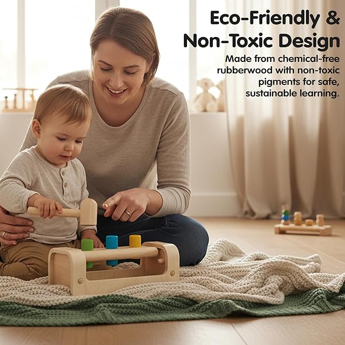 PlanToys® Pounding Bench Wooden Hammer Toy for Kids Ages 3+ | Montessori Fine Motor & Hand-Eye Coordination Activity for Focus & Strength | Eco-Friendly Educational Toy