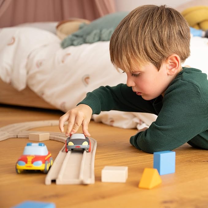 HABA Cars - My First Racetrack, 27 Piece Sustainable Kids' Race Track Set, Battery-Free Push and Go Cars, Ideal STEM Toys for Toddlers Ages 2+