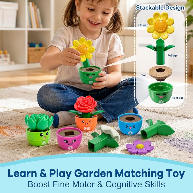 GEERAY 5 Sets Montessori Toddler Flower Garden Toys, Color Shape Sorting & Matching Game for Kids, Spring Toy Sensory Gardening Gift for 1 2 3 Year Old Girls & Boys, Preschool Classroom Learning - Image 3
