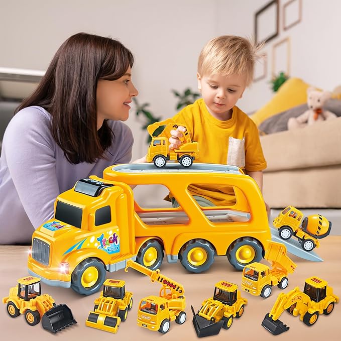Veslier 9 in 1 Construction Truck Toys for Ages 3 4 5 6 Years Old,Vehicles with Sounds and Lights in Carrier Truck, Push and Go Toys Trucks,Birthday Gift for Toddler 3 4 5 6 Year Old.