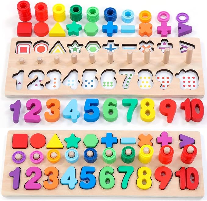 GeroCrew Wooden Montessori Toys for Kids Toddler Number Puzzles Sorter Counting Shape Stacker Stacking Game Preschool Toys for Boy Girl Learning Education Math Blocks Year Old Girl Gifts (Rainbow) by GeroCrew