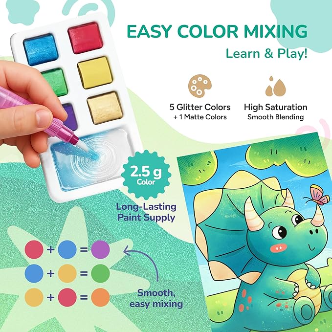 JoyCat 2 Pack Pocket Paint with Water Coloring Books for Kids, Art & Craft Activity Toy Set, Creative Travel & Home Painting Kit, Gifts for Girls & Boys Ages 3-8 (Magical Pony & Dinosaurs)