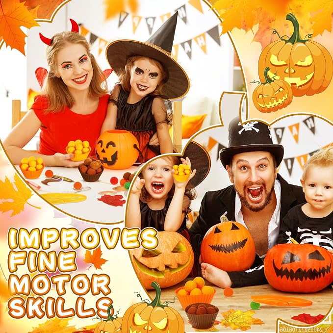 Hotop 312 Pieces Fine Motor Toys Counting Sorting Fall Thanksgiving Decorations 100 Pcs Assorted Pompoms 200 Pcs Artificial Maple Leaves 2 Pcs Tweezers 10 Pcs Cups for Autumn Thanksgiving Decoration - Image 4
