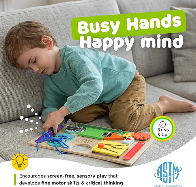 Sensory Busy Board for Toddlers, Premium Wooden Toddler Busy Board for 1 2 3 Year Old with 10 Educational Activities for Fine Motor Skills, Fidget Activity Toy for Travel Toy (Multicolored - Large)