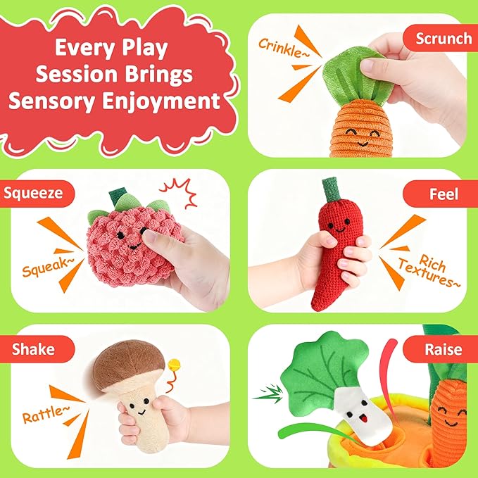 Baby Toys for 6-12 Months, Fruits Vegetables Plush Montessori Toys, Color Shape Sorting Crinkle Rattle Textures Sensory Toy, Fine Motor Skills Christmas Baby Gift for 0+ Boys Girls