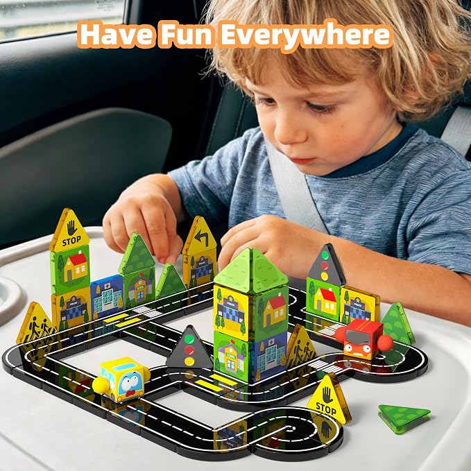 GobiDex Mini Magnetic Tiles Road Set with 2 Cars for Kids Ages 3+ - Image 6