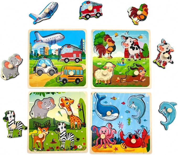 Wooden Peg Puzzle Set for Toddlers, 4 Pack Animal Vehicle Ocean Farm Puzzles, Montessori Wooden Puzzles for Ages 2-4, Preschool Learning Toys for Fine Motor Skills, Gifts for Boys Girls 1 2 3 4 by SloticDirect