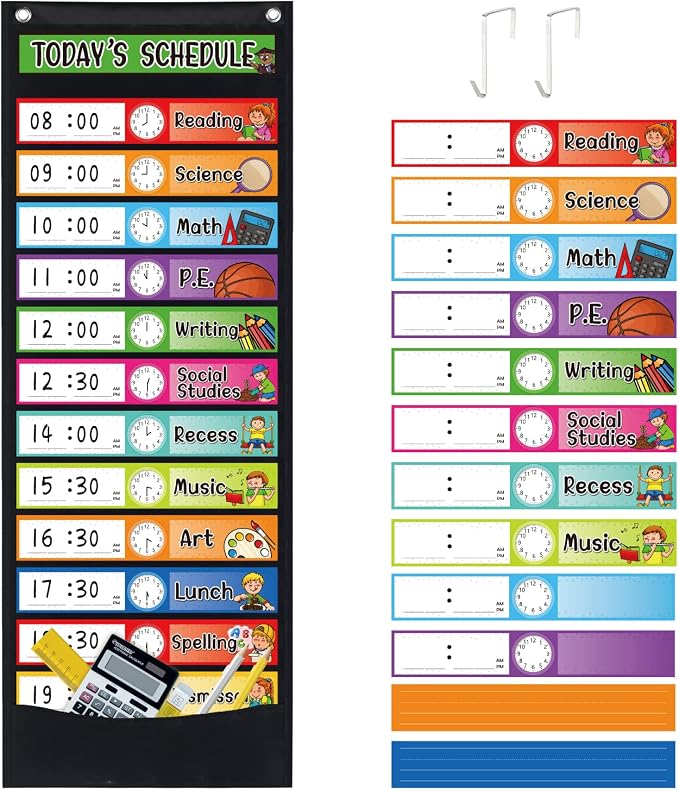 Daily Schedule Pocket Chart Kit,40 Bright Attractive Double-Sided Reusable Erasable Cards,1 Title Card,13+1 Scheduling Pocket Chart with 2 Hangers for Classroom Office Home Preschool Learning (Black) by RAGNHILD