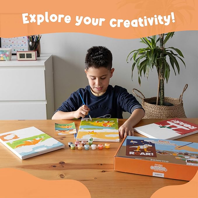 BONNYCO Paint by Numbers Kit for Kids Dinosaurs Pack 3 Canvas. Paint by Number, Canvas Framed Pre Drawn. Dinosaurs Gifts for Boys, Arts and Kids Crafts 4-6 8-12. Pintar por Numeros, Dino Craft