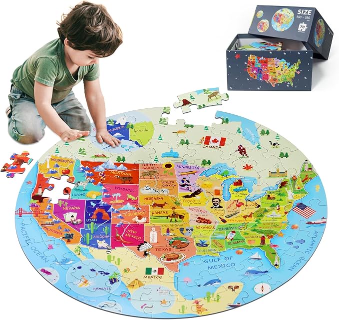 DIGOBAY United States Puzzle 70 Pieces USA Map Floor Jigsaw Puzzles for Kids Ages 4-10, Jumbo Round US Geography Puzzle 50 States with Capitals Educational Learning Toys for Boy or Girl by DIGOBAY