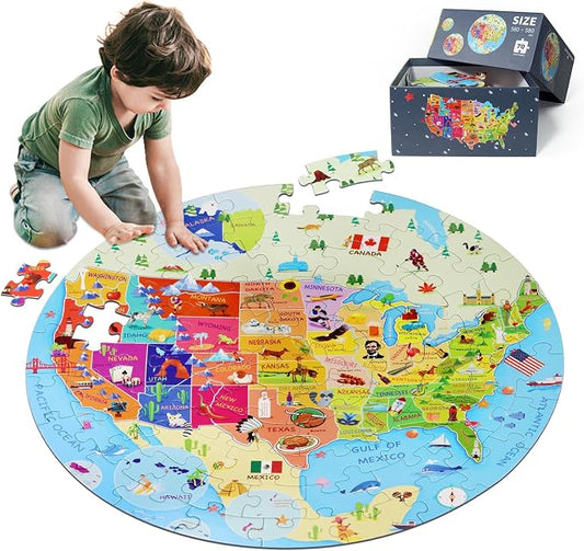 DIGOBAY United States Puzzle 70 Pieces USA Map Floor Jigsaw Puzzles for Kids Ages 4-10, Jumbo Round US Geography Puzzle 50 States with Capitals Educational Learning Toys for Boy or Girl by DIGOBAY