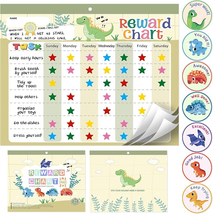 Magnetic Reward Chart for Kids at Home, Behavior Chart Pad with 26 Chore Charts, 1680 Star Stickers, 84 Motivational Stickers to Develop Responsibility & Good Habits (Dinosaur) by khlerox