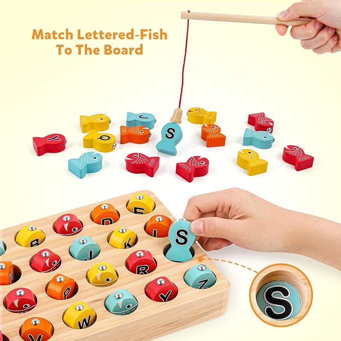 Coogam Wooden Magnetic Fishing Game, Fine Motor Skill Toy ABC Alphabet Color Sorting Puzzle, Montessori Letters Cognition Preschool Gift for Years Old Kid Early Learning with 2 Pole - Image 3