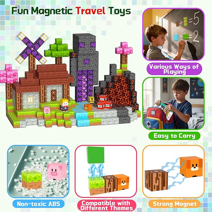 OUGUI 200 PCS Magnetic Blocks Building Block Kids - Magnet Cubes Boy Girl Constructions Toys STEM Montessori Educational Stacking Sensory Toy for Ages 3 4 5 6 7 8 9 10 11 12 Christmas Birthday Gift