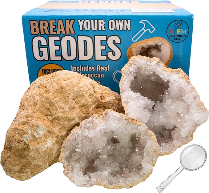 TRUENERGY Break Your Own Geodes Kit for Kids – 5X Easier to Open 3 to 4 X-Large Natural Crystal Geodes, Magnifying Glass & Learning Guide – STEM Science Rock Kit – Gift-Ready