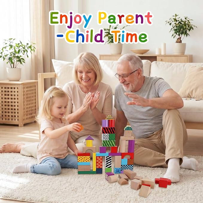 Offelec 50 Pcs Wooden Building Blocks Set with Storage Bucket, Montessori Stacking Blocks & Shape Sorting Toys for Toddlers, Preschool Learning Toys for Boys & Girls, Kids Brightly Colored Blocks - Image 5
