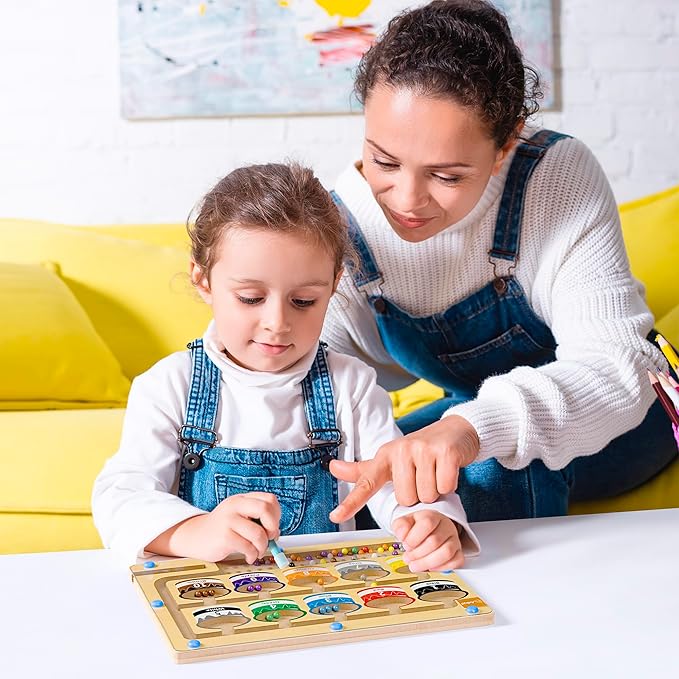 Magnetic Numbers Maze Toy for Kids with Colorful Beads, Montessori-Inspired Fine Motor Skills Learning Puzzle, Educational Counting and Sorting Game, Eco-Friendly Wooden Design