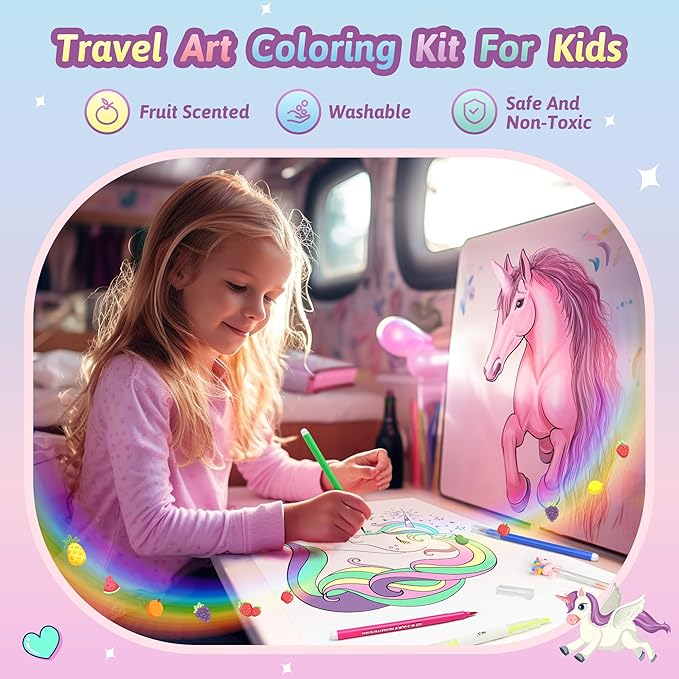 beefunni Unicorn Fruit Scented Markers Set 56 Pcs, Art Supplies for Kids 4-6-8, Arts and Crafts Coloring Set, Markers Pencil Crayon&Gel Pen Drawing Kits - Birthday Gifts for Girls 4 5 6 7 8 Year Old