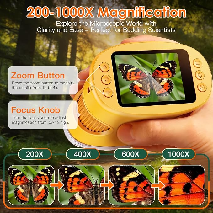 4K 1000X Handheld Digital Microscope for Kids with 2.0" IPS Screen(Yellow) - Image 2