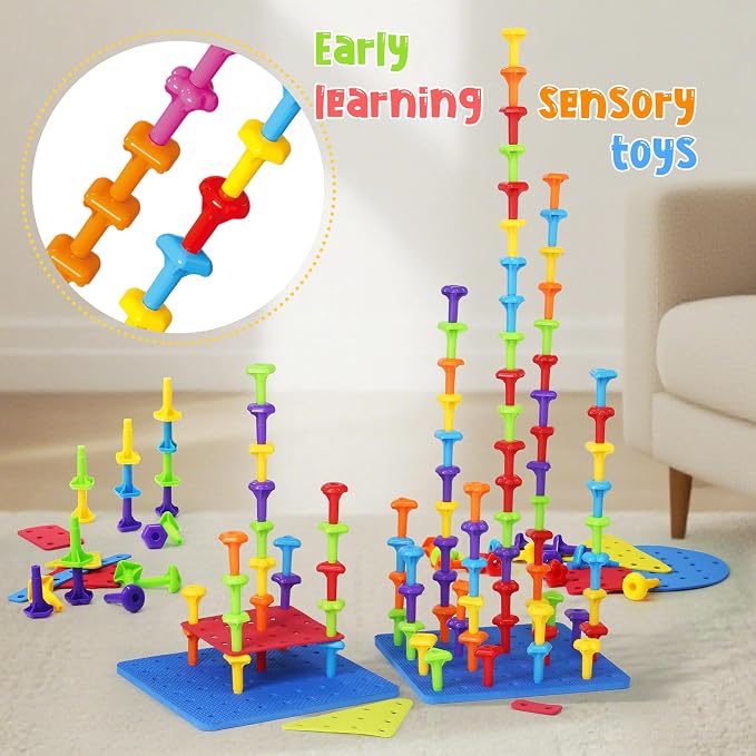 Ggiibro Peg Board Toy Set 101Pcs DIY Building Stacking Toys for Kids 3-6 Years Old,STEM Educational Kids Toy for Brain Development,Montessori Sensory Toys,Plastic Lacing String Game - Image 7