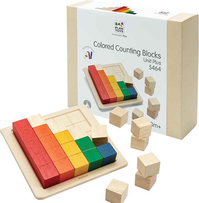 PlanToys® Wooden Colored Building Blocks Montessori Math Kids Learning Toy by PlanToys