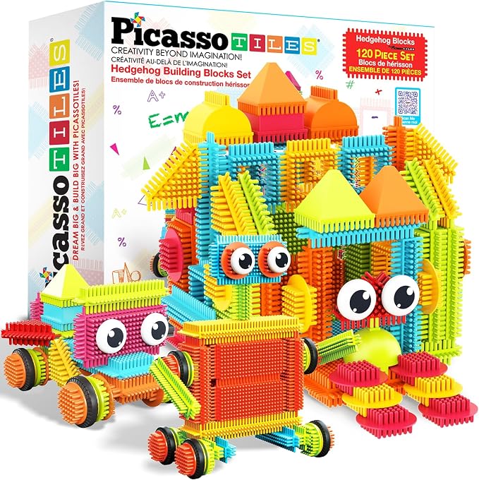 PicassoTiles 120pcs Hedgehog Interlocking Building Blocks Tiles Construction Toy Set Learning Playset STEAM Development Preschool Kindergarten Toy for Kids Age3+ PTB120 by PicassoTiles