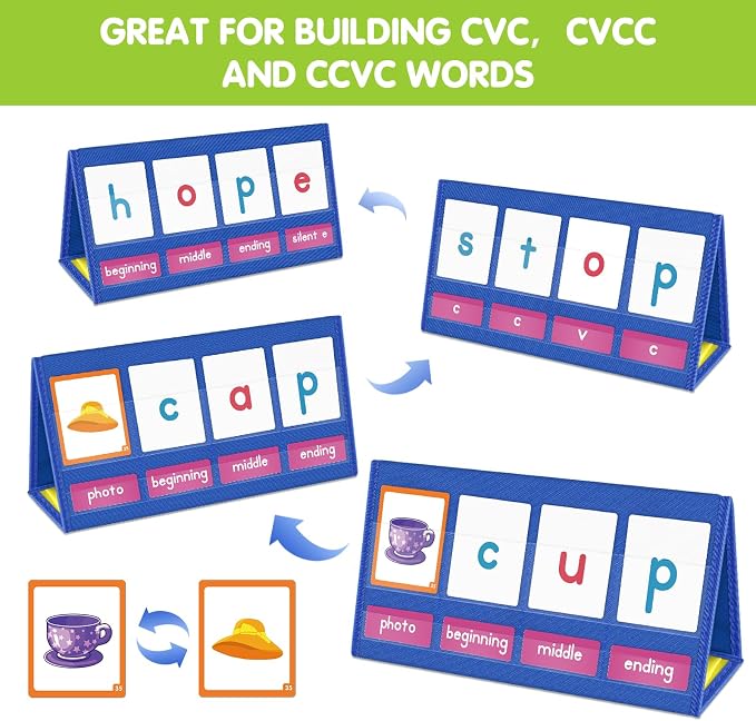 EAMAY CVC Word Building Desktop Pocket Chart Stand with Magnetic Write & Wipe Boards Tent & Cards Kit,Reading Spelling Phonics Games for Kids, Kindergarten Classroom Must Haves! - Image 2
