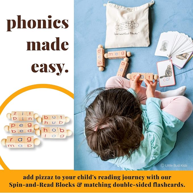 LITTLE BUD KIDS Spin-and-Read Montessori Phonetic Reading Blocks with CVC Phonics Flashcards for Beginner Readers, Montessori Reading Wooden Toys for 3 Years + - Image 4