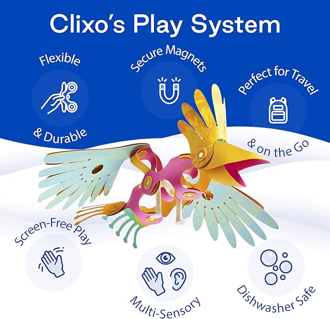 Clixo Tropical Birds Pack - Magnetic STEAM Building Toy Set with Custom Wing-Flapping Mechanism for Creative Play, Ages 6+