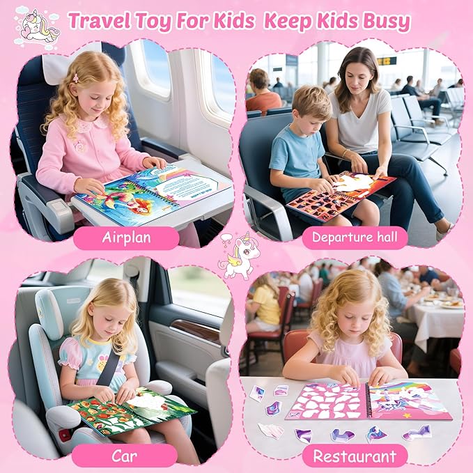 4Pcs Puzzle Sticker Book for Toddlers 3-8, Early Learning Paint by Sticker with Story - Travel Activity Puzzle Toy for Kids Screen Free Educational, Separation Anxiety - Airplane Car Road Trip Gifts