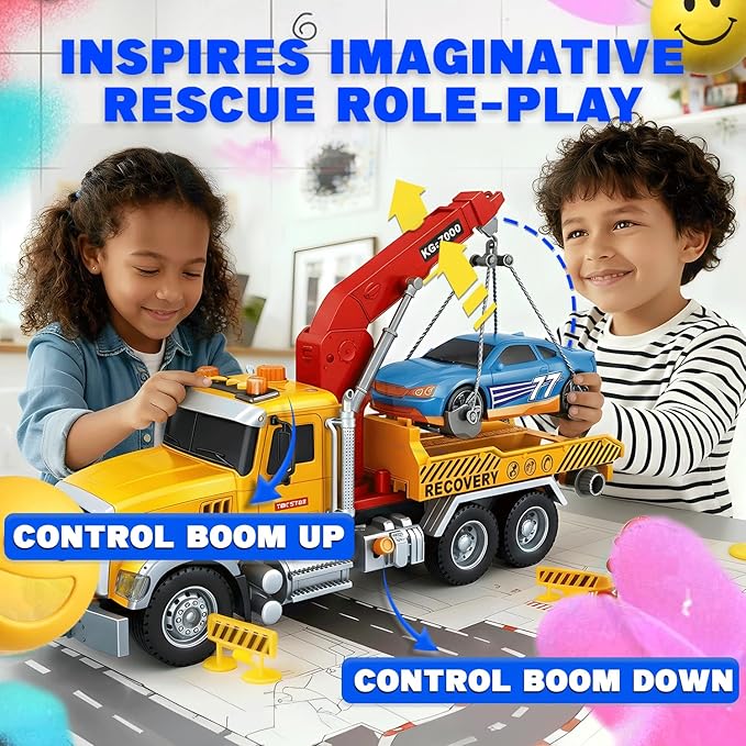 SMILESSKIDDO Toddler Boy Toys for 3 4 5 6 Year Old - 1:12 Large Friction Powered Tow Truck with Light & Sound, Sports Car & Road Signs, Birthday Gifts for Kids, Toddlers Gifts