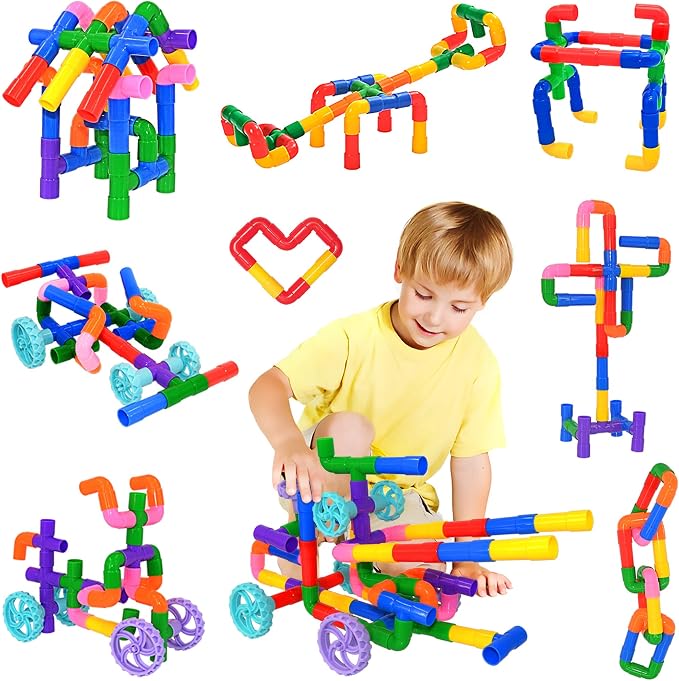 FUBAODA STEM Learning Pipe Tube Toys, Tube Locks Construction Building Blocks 96 Pcs - Multicolor Educational Building Blocks Set with Wheels& Spouts & Joints for Kids Ages 3+ by FUBAODA