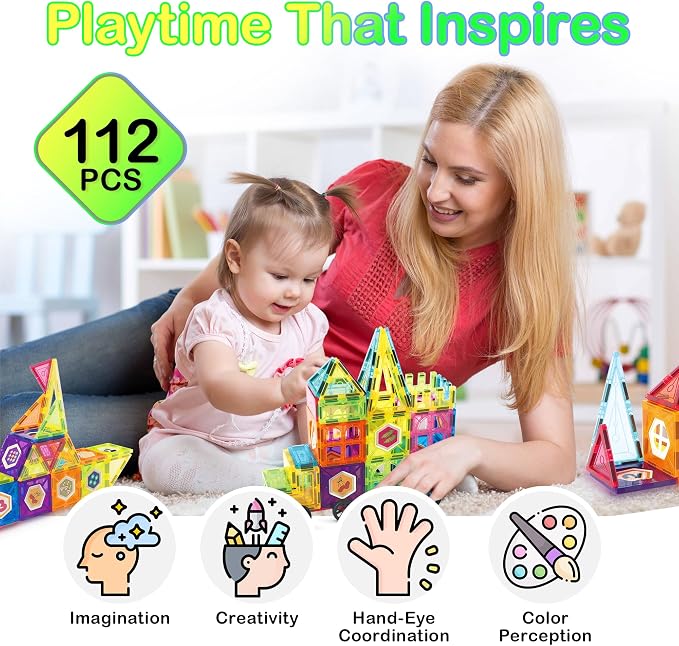 Contixo ST4 Magnetic Tiles - 112 PCs 3D Building Blocks STEM Construction Creativity, Imagination, Recreational, Educational Building Toys for Kids Children Toddler Ages 4-8, Boys and Girls Age 3-5 - Image 2
