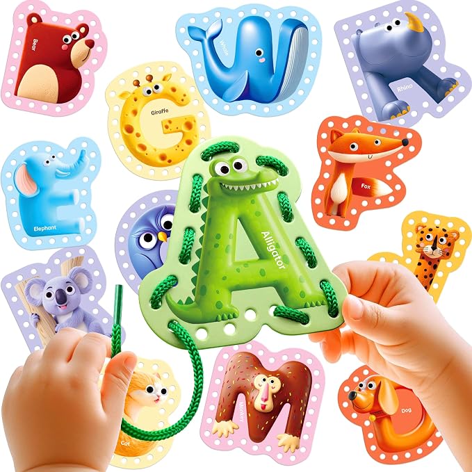 Dotimo Lacing Cards - 26PCS Double - Sided Uppercase Sewing Cards, 26 Animal Alphabet Games, for Kids Ages 3-5, Preschool Learning & Quiet Time Activities by Dotimo