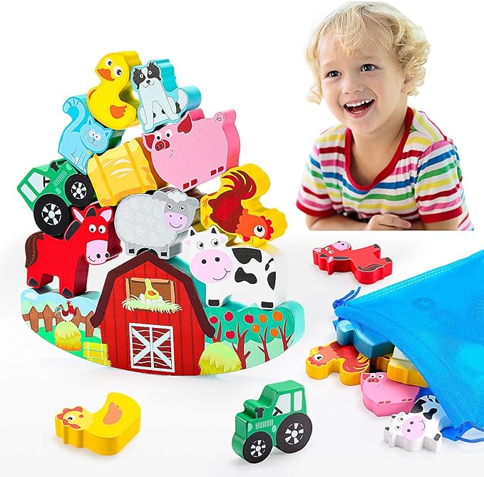 IPOURUP Montessori Toys for Kids 3-7 Wooden Farm Animal Blocks Stacking Games Educational Toy for 3 4 5 6 Year Old Girls Boys Christmas Birthday Gifts for Grandkids Toddler Balance Game Girls Age 3-5 by IPOURUP