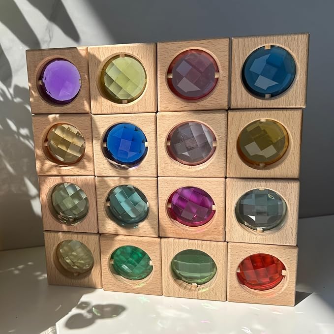 16PCS Acrylic Wooden Gem Blocks, Sparkling Acrylic Colorful StackingToys, Open Ended Play Montessori Educational Toys (16PCS Square Gem Blocks) by KOAICSToys