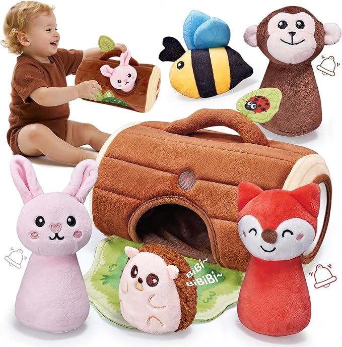 Baby Toys 6-12 Months - Jungle Soft Plush Animal Set with Rattle Squeaker Mirror, Cause & Effect Montessori Sensory Toys for Babies 7 8 9 10 11 Months, Newborn Gifts for Baby Boy Girl Infant