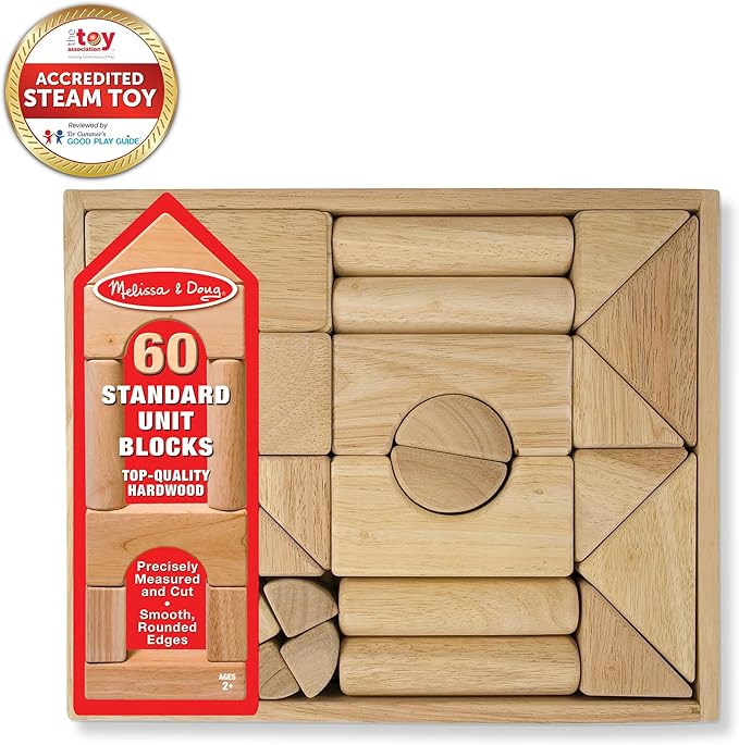 Melissa & Doug Standard Unit Solid-Wood Building Blocks With Wooden Storage Tray (60 pcs)