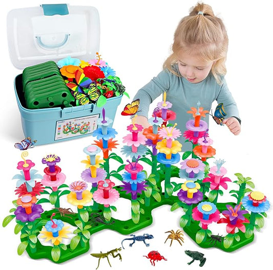 Toys Gifts for 2 3 4 5 6 Years Old Toddler Girls Boys, 156 PCS Insect Flower Garden Building Educational STEM Learning Pretend Play Gardening Set, Christmas Birthday Gifts for Preschool Kids Age 2+