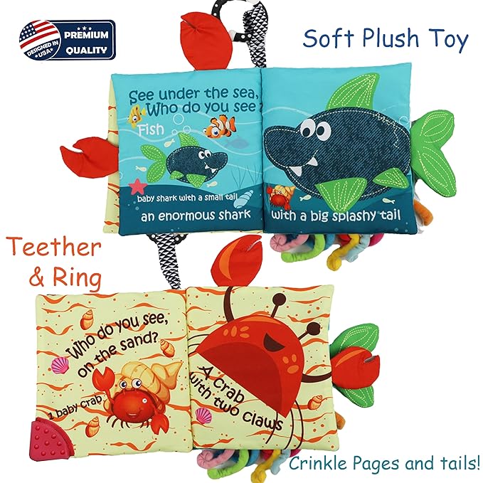 Fish Baby Books Toys,Touch and Feel Crinkle Cloth Books for Babies,Infant, Baby Toys 0-6-12 18 Months, Learning Education Soft Sensory Mirror Toy,Shower Gifts Christmas for Baby Boys Girls-Teether