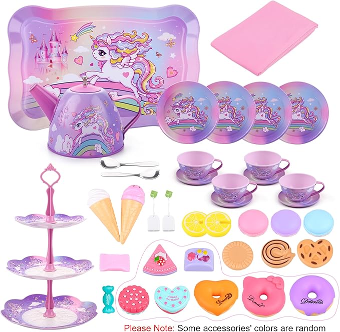 Auney Tea Set Toys for Girls 36pcs, Unicorn Tea Party Toy Pretend Play Toddler Toys, Girls Toys for Birthday Including Carrying Case (Pink Purple Unicorn)