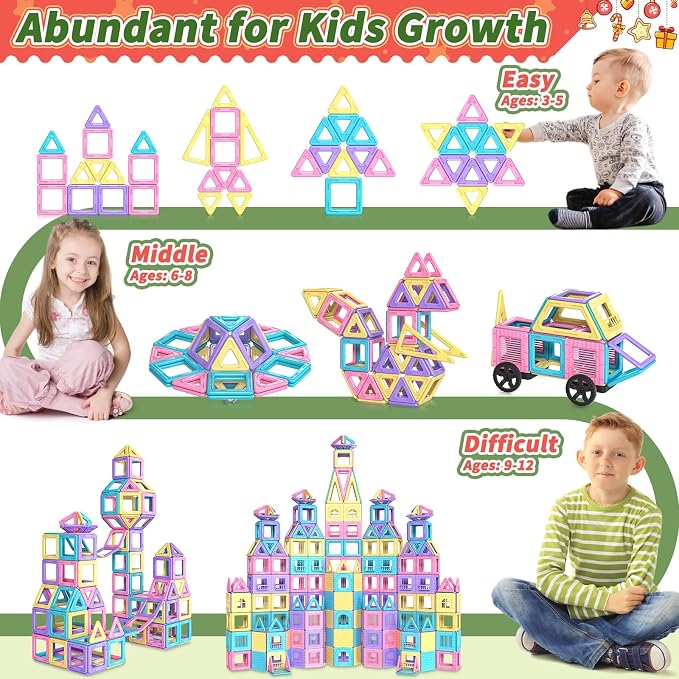 Rurvale 100Pcs Magnetic Tiles, Magnet Blocks for 3 4 5 6 7 8 Year Old Boys Girls, Learning Educational STEM Toys for Toddlers 3-5, 4-8, Building Blocks for Kids Ages 3+ Birthday Gifts - Image 7