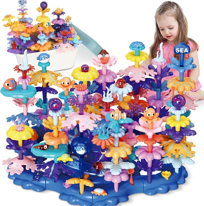 Coral Garden Flower Building Toys for for Toddlers 3-5 Year Old，Upgrade DIY Building Blocks Toys for Ages 3-4 Girls,Educational STEM Christmas Birthday Gift for Kids(136PCS) by SLTBEH